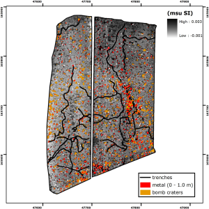 Modelled susceptibility (κ) between 0.4 and 0.8m depth κ2⁎ with indication of anomalies by buriedmetal (0–1.0 m) and shell holes and trench systems.